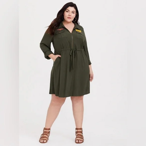 Her Universe Captain Marvel Olive Patchwork Shirt Dress NWT Size L 12 - Picture 3 of 15